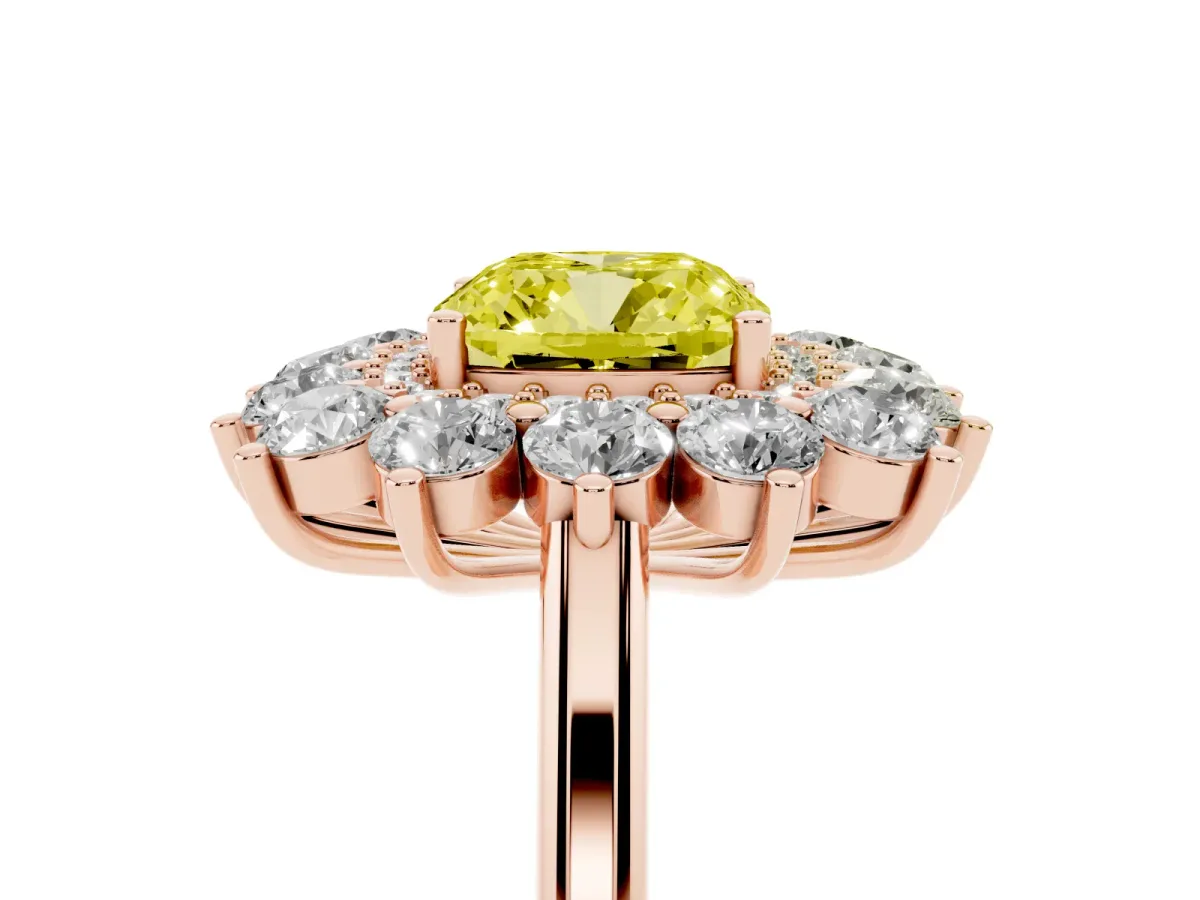 Fancy Yellow Cushion Cut Diamond Floral Double Halo Engagement Ring with Prong Setting Rose gold