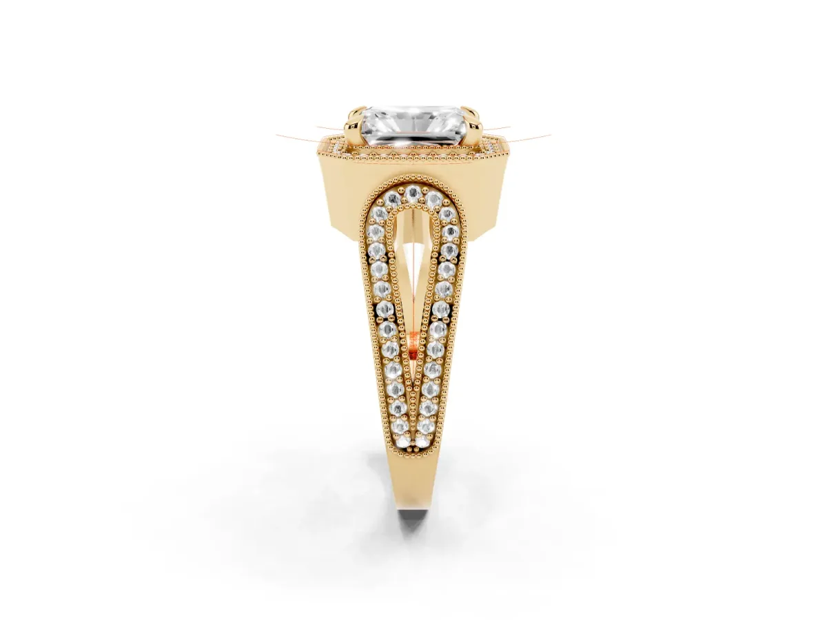 Radiant Cut Halo Split Shank Milgrain Diamond Ring Yellow gold