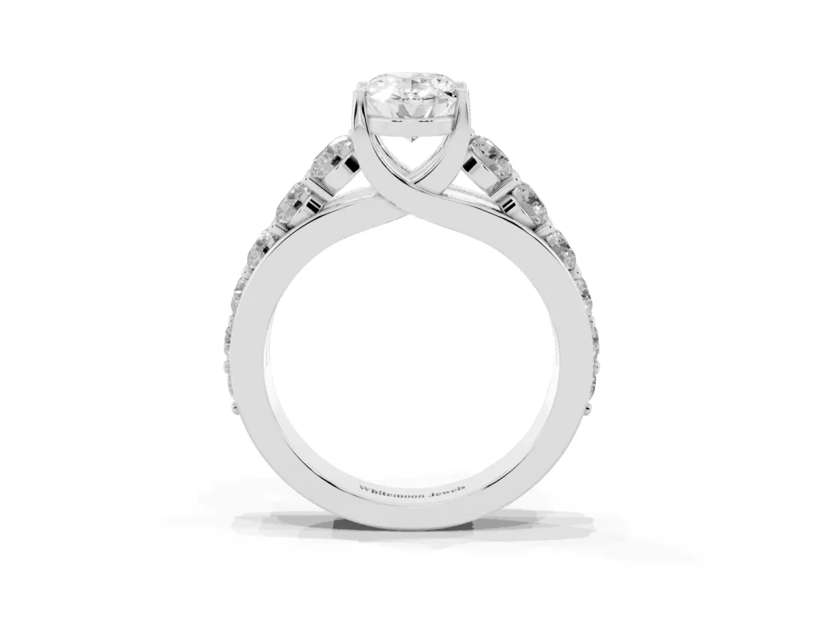 Oval Cut Diamond Engagement Ring with Pavé Band and Four-Prong Setting Platinum