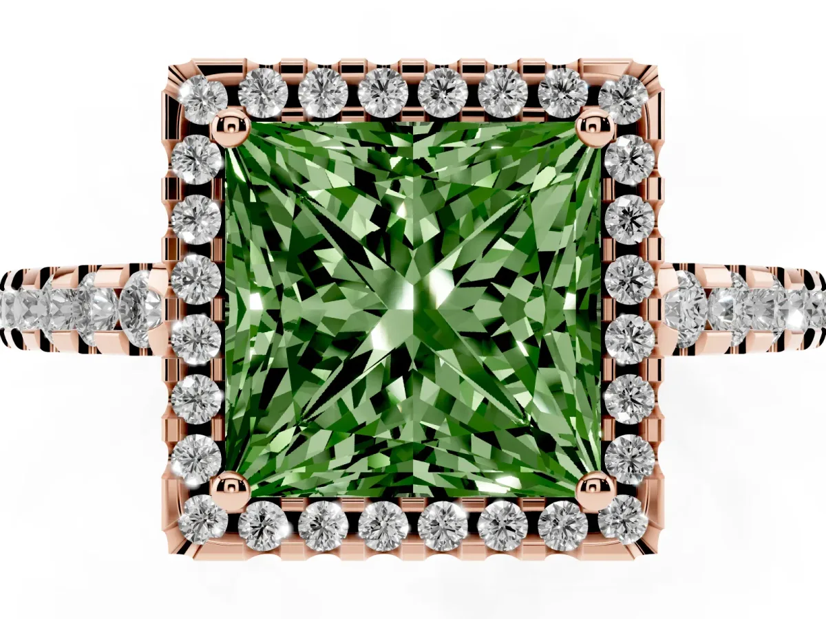 Fancy Green Princess Cut Diamond Halo Engagement Ring with Pavé Band and Prong Setting Rose gold