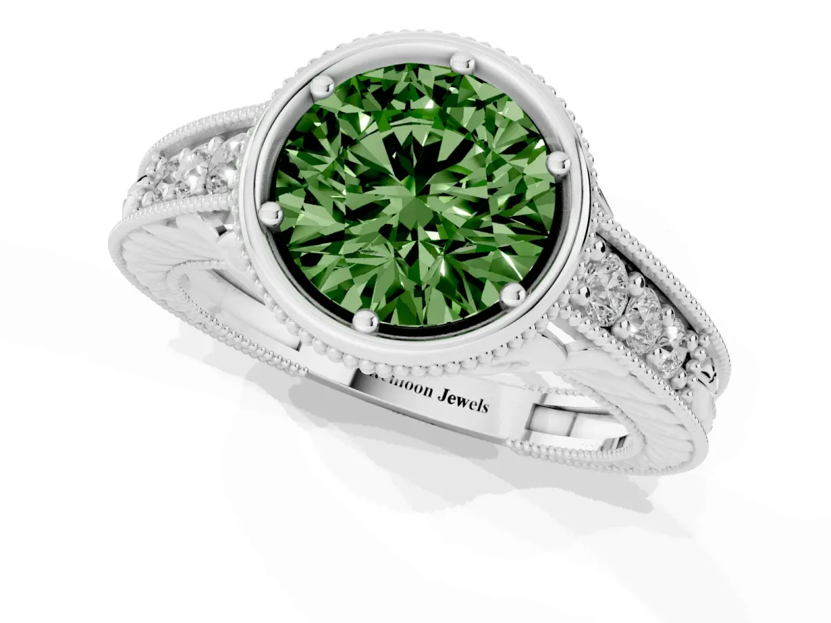 Fancy Green Bezel Set Round Cut Diamond Milgrain Pave Engagement Ring Silver