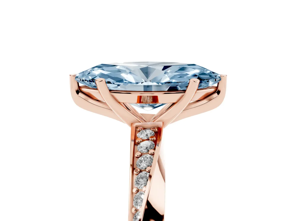 Fancy Blue Marquise Cut Diamond Engagement Ring with Side Stone Accents and Four-Prong Setting Rose gold