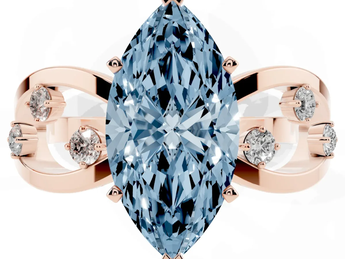 Fancy Blue Marquise Cut Cut Solitaire Diamond with Side Stones on Criss-Cross Band and Four-Prong Setting Rose gold