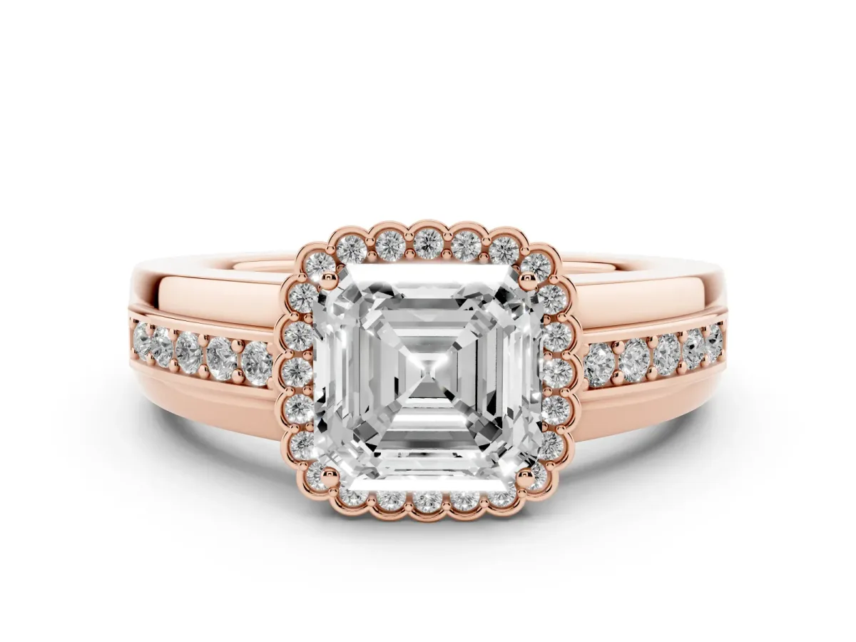Asscher Cut Cut Halo Pave Band Four-Prong Ring Rose gold