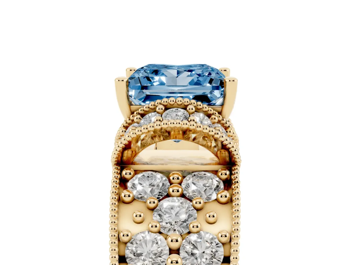 Fancy Blue Princess Cut Halo Pave Diamond Engagement Ring with Milgrain Detailing Yellow gold