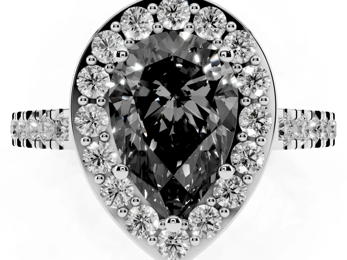 Fancy Black Pear Cut Diamond Halo Ring with Round Pavé Split Shank and Prong Setting Platinum