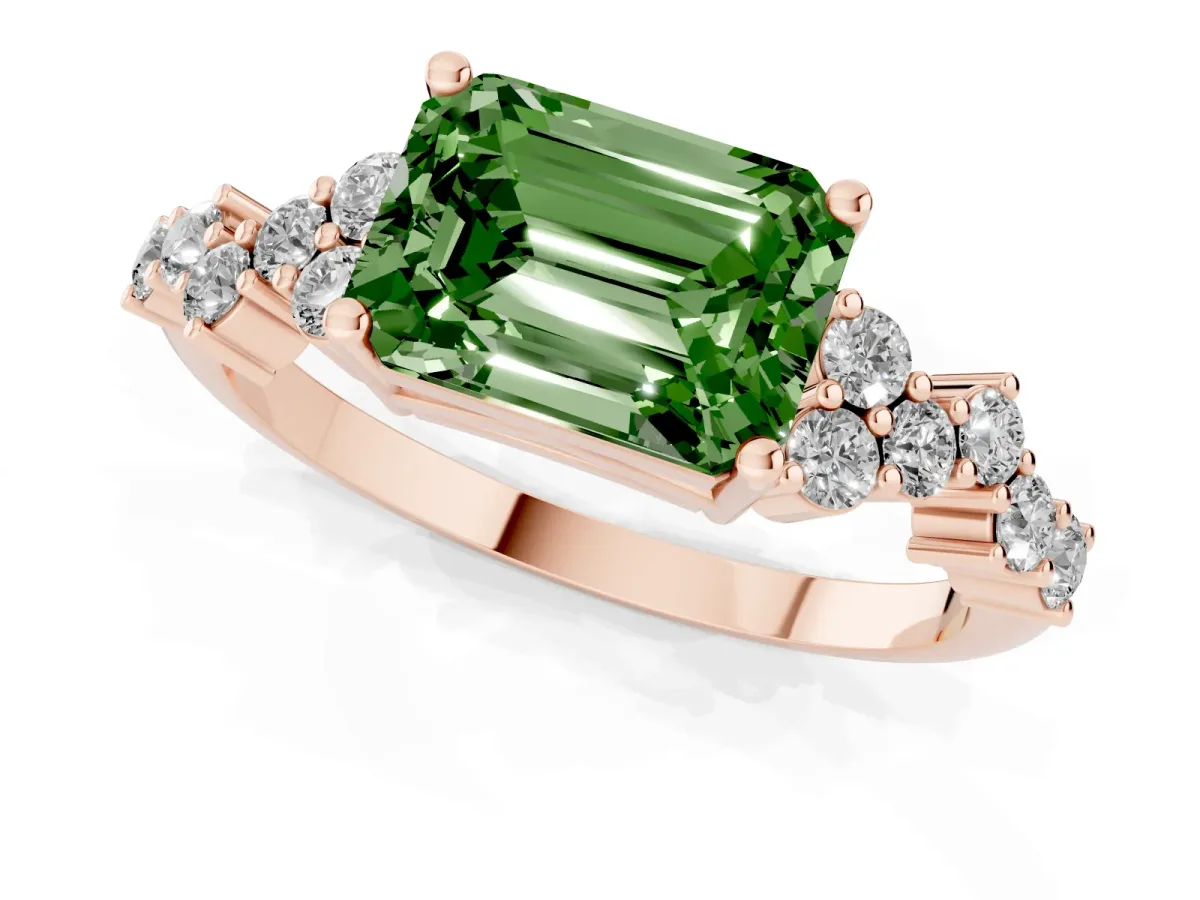 Fancy Green Emerald Cut Diamond Scattered Round Accent Ring with Prong Setting Rose gold
