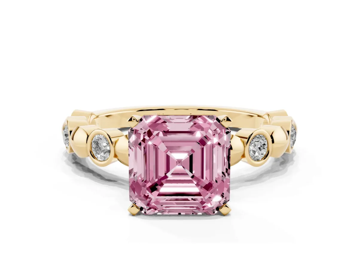 Fancy Pink Asscher Cut Solitaire Bezel-Set Diamond Ring with Beaded Band and Four-Prong Setting Yellow gold