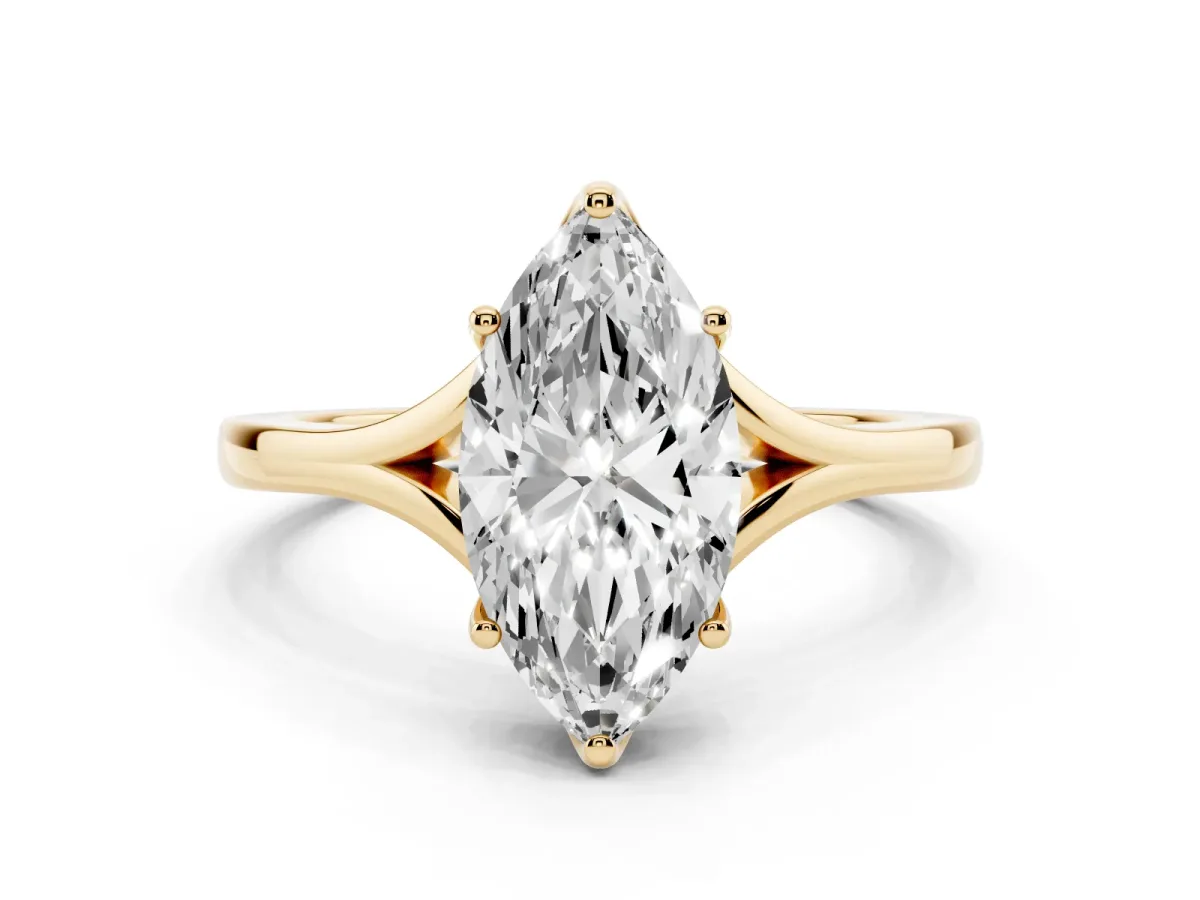 Marquise Cut Solitaire Diamond Ring with Six-Prong Setting and Tapered Band Yellow gold