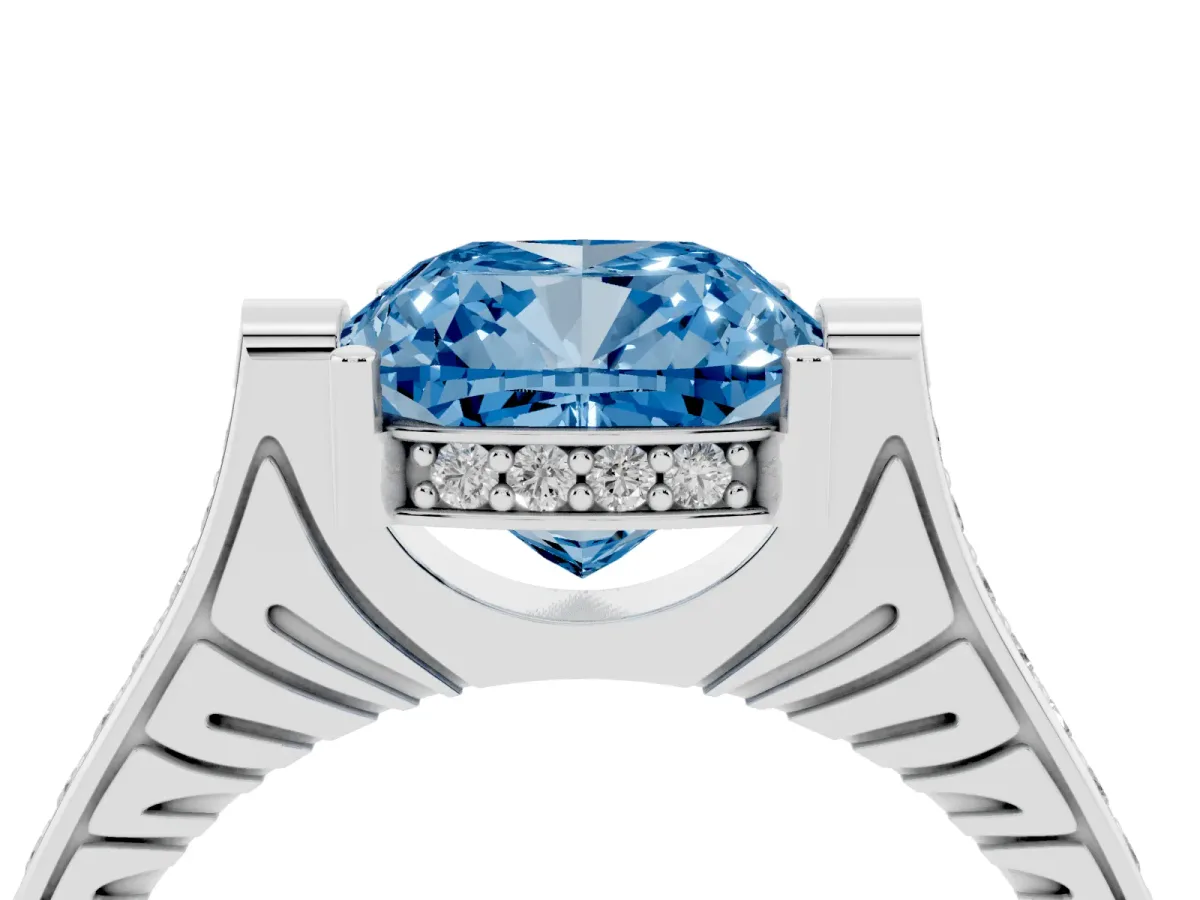 Fancy Blue Cushion Cut Solitaire Diamond Ring with Channel Set Band and Bezel Prong Setting Platinum