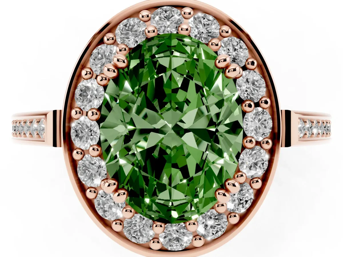 Fancy Green Oval Cut Diamond Halo Ring with Split Shank and Four-Prong Setting Rose gold