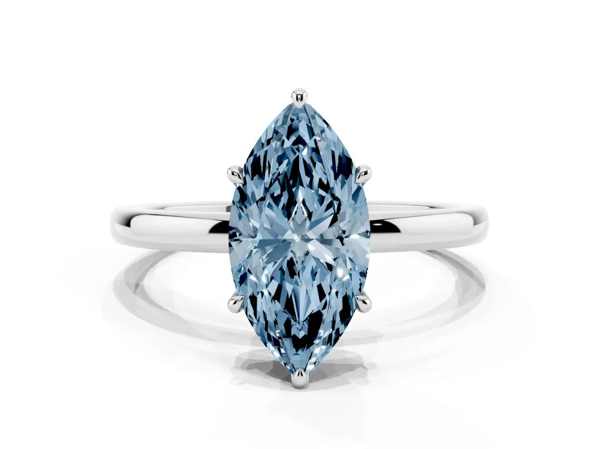Fancy Blue Marquise Cut Solitaire Engagement Ring with Cathedral Band and Four-Prong Setting White gold