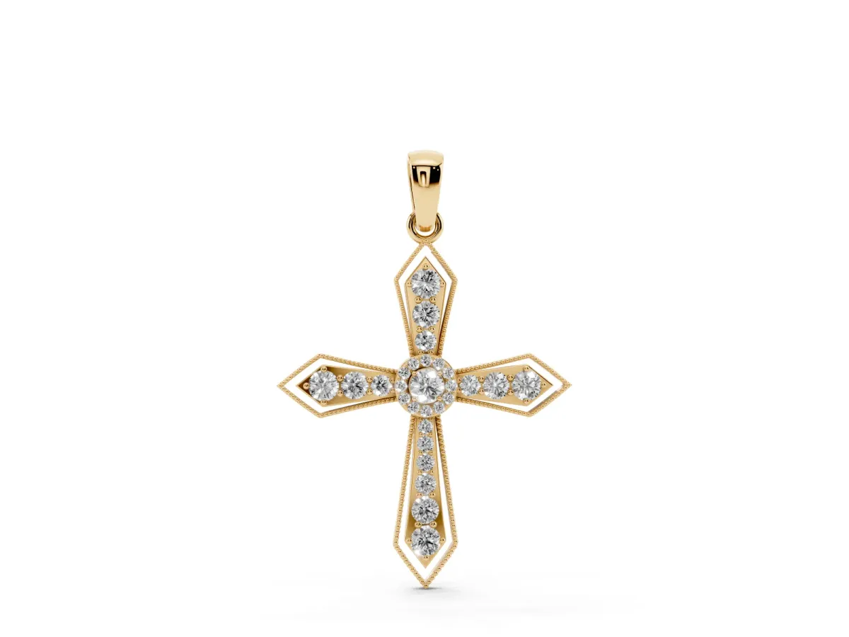 Round Diamond Milgrain Cross Pendant with Bezel Setting Yellow gold