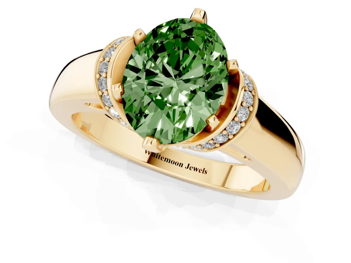 Fancy Green Oval Cut Solitaire Diamond Ring with Pave Band and Six-Prong Setting Yellow gold