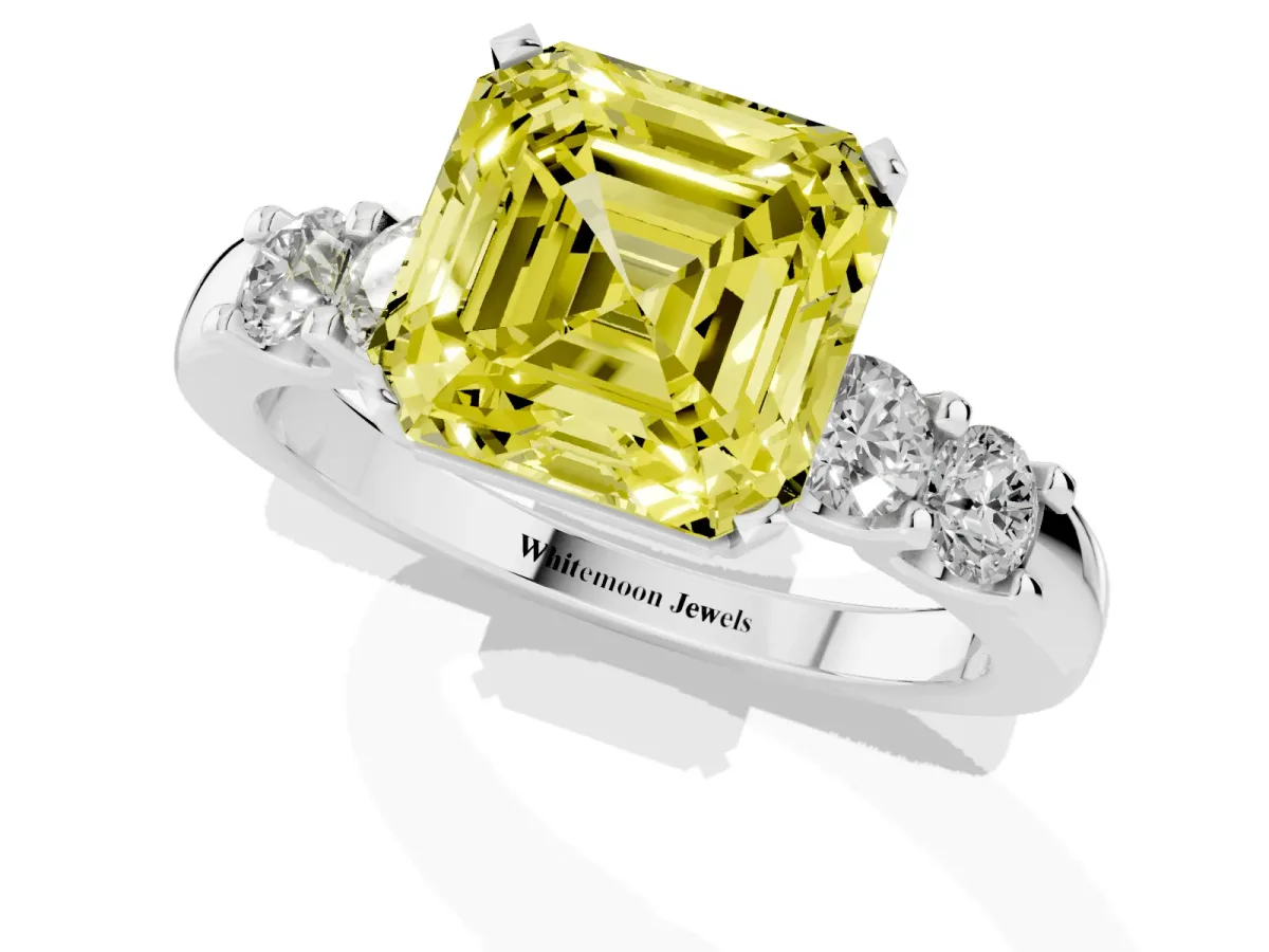 Fancy Yellow Asscher Cut Brilliant Cut Diamond Five-Stone Prong Set Engagement Ring with Channel Band Platinum