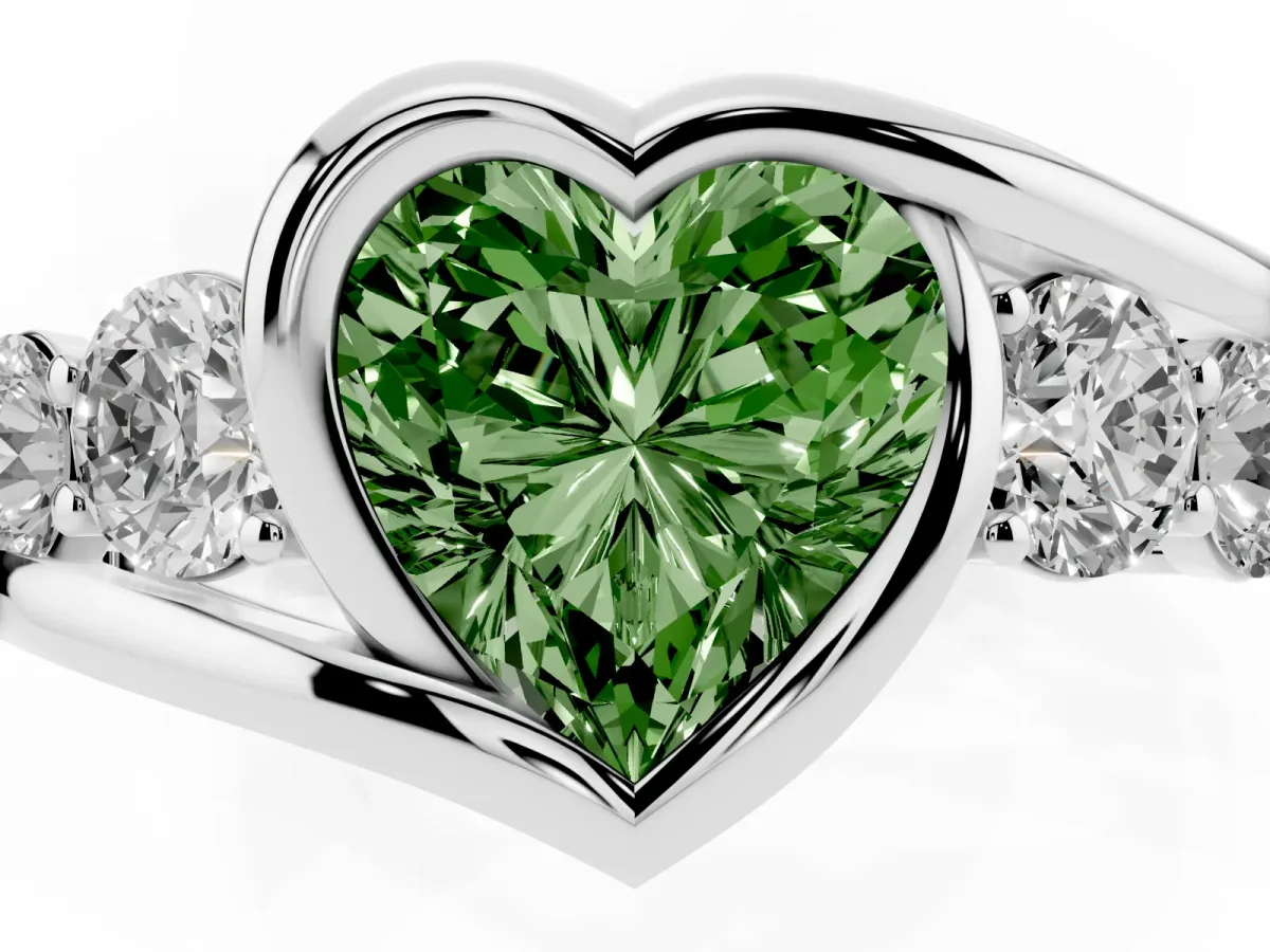 Fancy Green Bezel Set Heart Cut Diamond Bypass Ring with Round Accents Silver