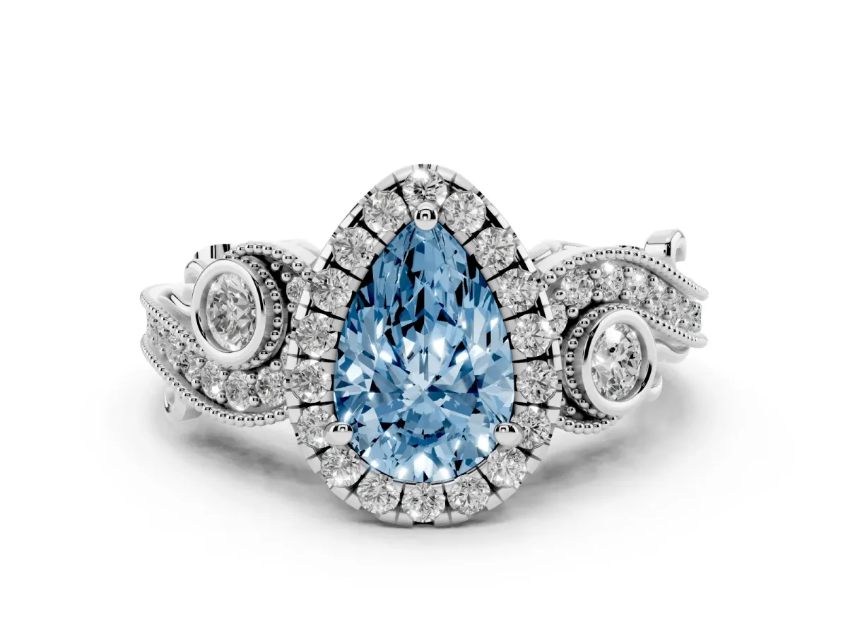 Fancy Blue Pear Cut Diamond Halo Ring with Milgrain Pavé Band and Four-Prong Setting Silver