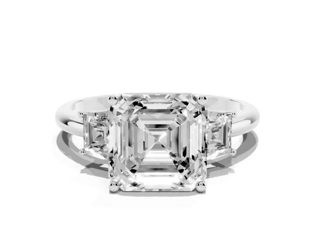 Asscher Cut Diamond Three-Stone Ring with Trapezoid Side Stones and Prong Setting Silver