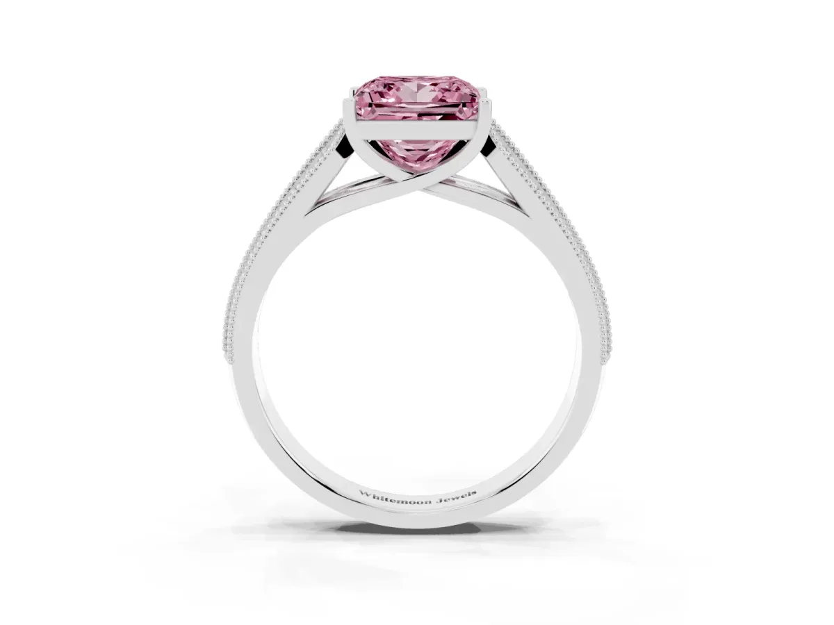 Fancy Pink Princess Cut Cut Pave Split Shank Engagement Ring with Four-Prong Setting White gold