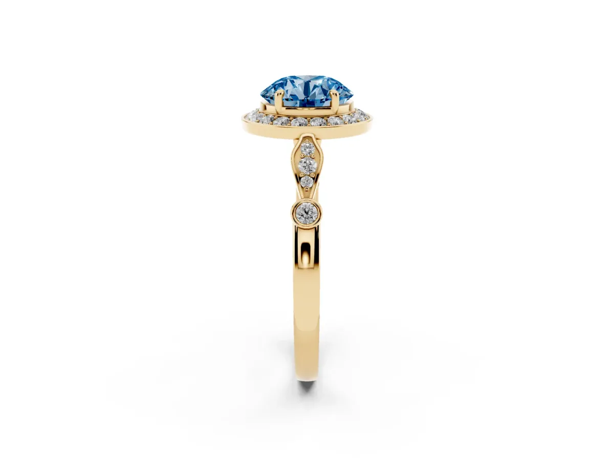 Fancy Blue Round Cut Halo Diamond Engagement Ring with Twisted Band and Four-Prong Setting Yellow gold
