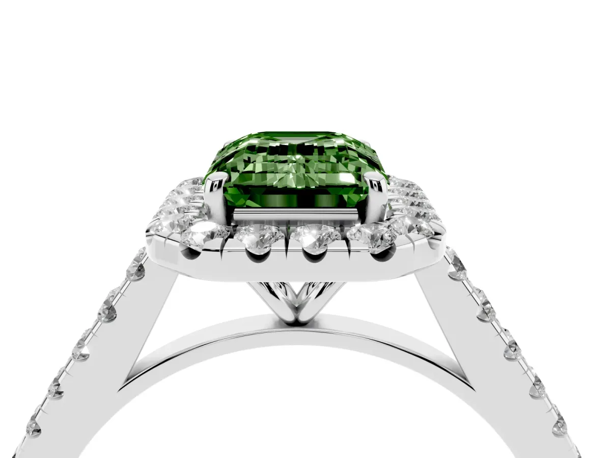 Fancy Green Emerald Cut Halo Pave Diamond Engagement Ring with Four-Prong Setting Silver