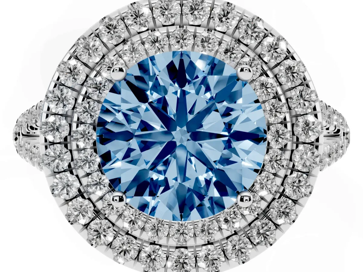 Fancy Blue Round Cut Diamond Double Halo Ring with Pavé Band and Prong Setting Platinum