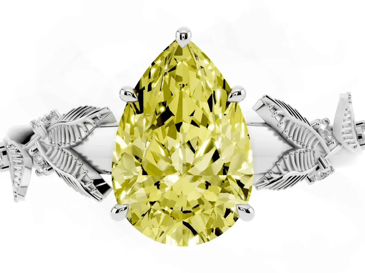 Fancy Yellow Pear Cut Diamond Solitaire Ring with Leaf Motif Band and Four-Prong Setting Silver