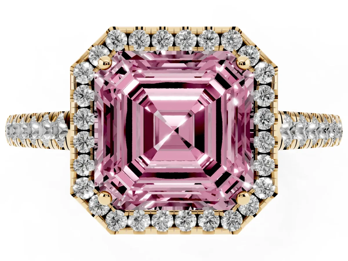 Fancy Pink Asscher Cut Halo Pave Diamond Engagement Ring with Four-Prong Setting Yellow gold