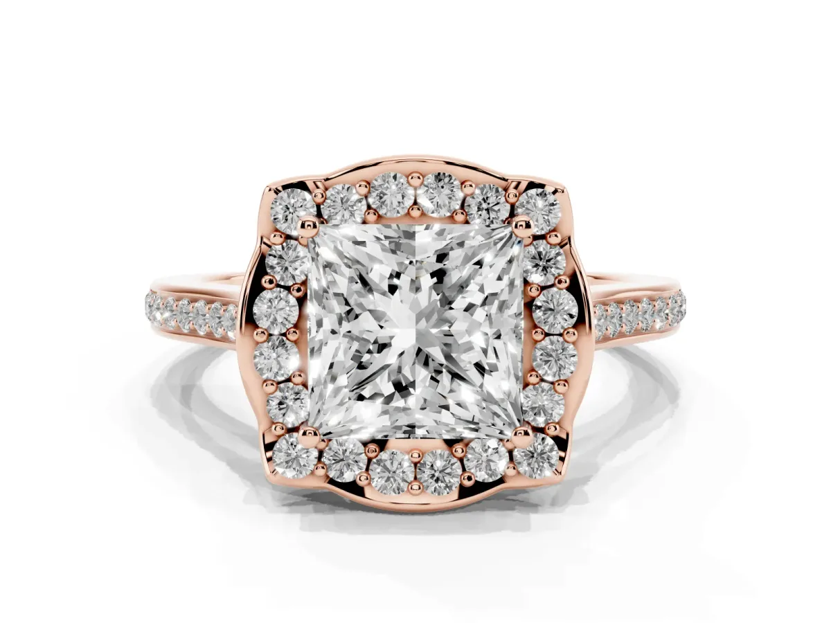 Princess Cut Halo Round Diamond Pave Band with Four-Prong Setting Rose gold
