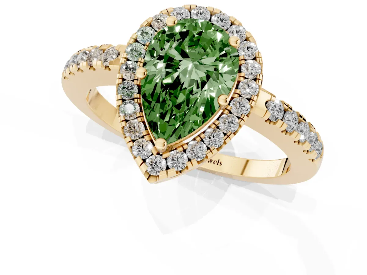 Fancy Green Pear Cut Halo Diamond Engagement Ring with Pavé Band and Four-Prong Setting Yellow gold