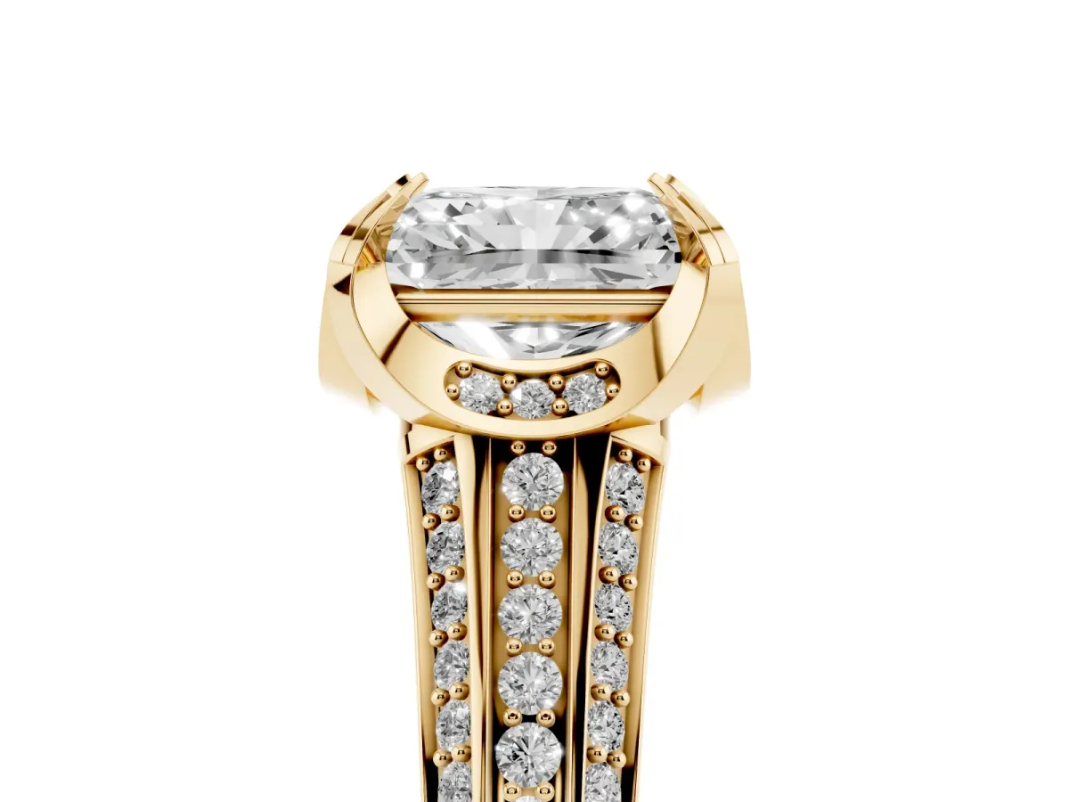 Radiant Cut Solitaire Pave Split Shank Ring with Four-Prong Setting Yellow gold