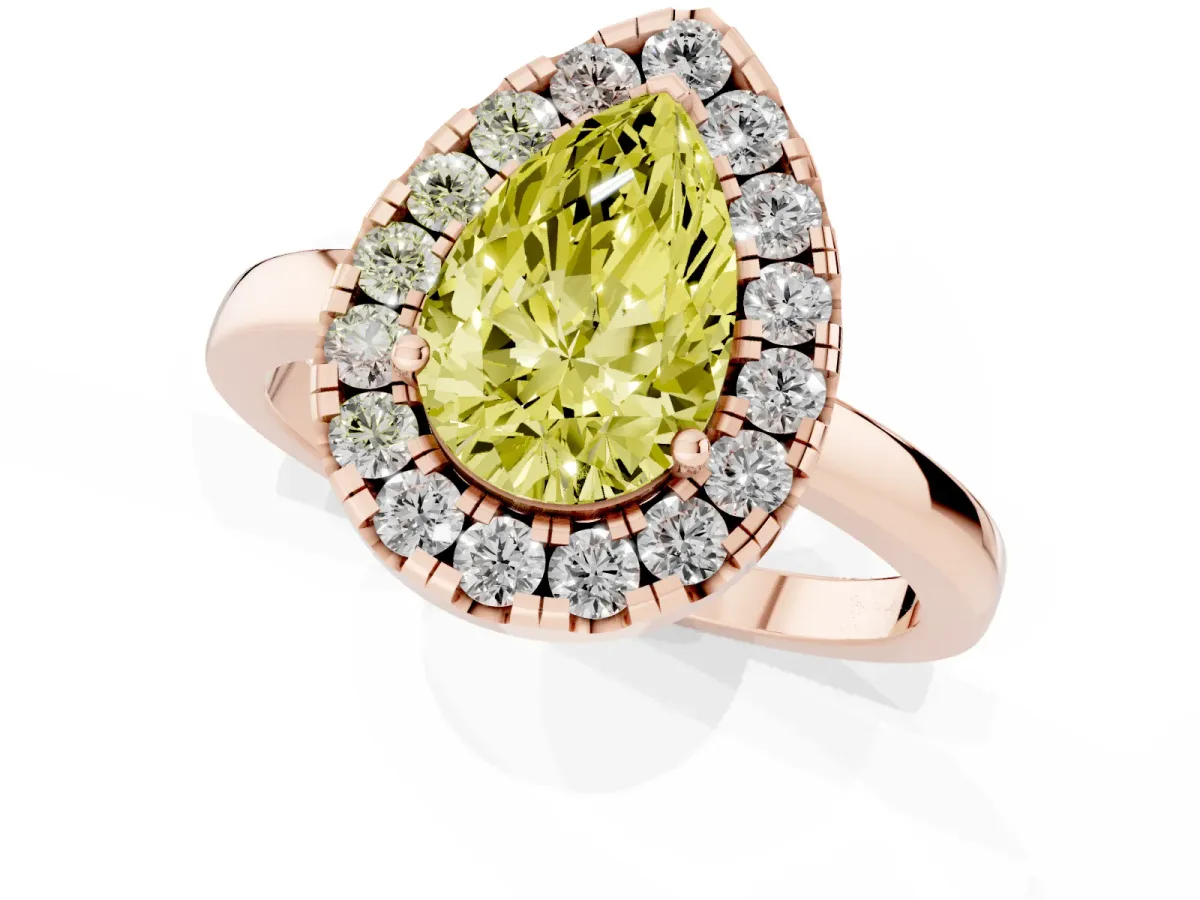Fancy Yellow Pear Cut Halo Diamond Solitaire with Pavé Band and Four-Prong Setting Rose gold
