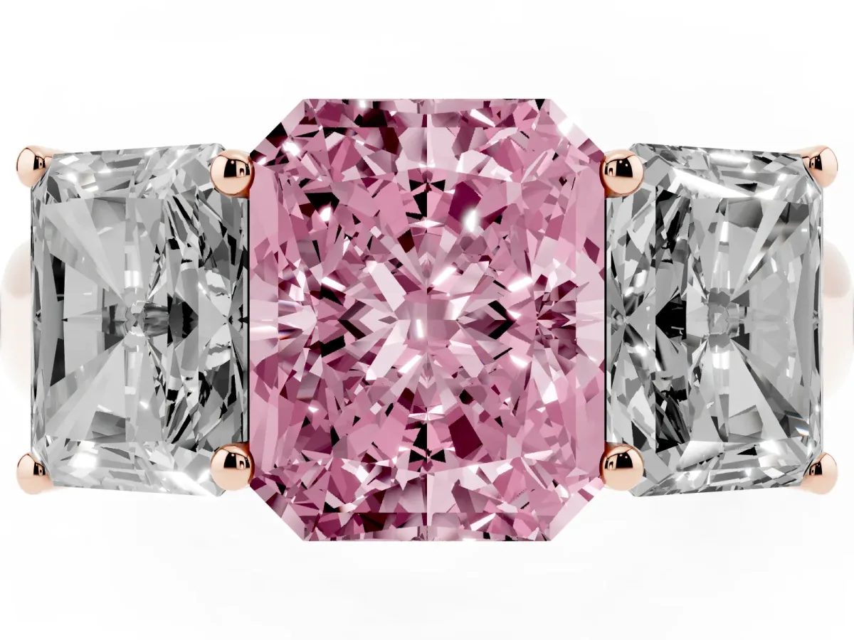Fancy Pink Radiant Cut Three-Stone Diamond Ring with Prong Setting on a Classic Band Rose gold