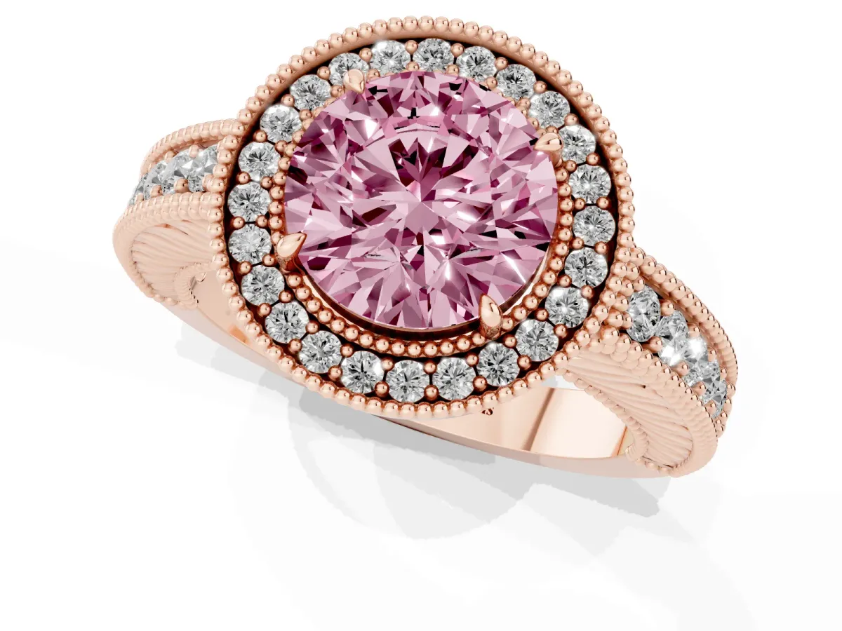 Fancy Pink Round Cut Cut Halo Diamond Ring with Pavé Band and Four-Prong Setting Rose gold