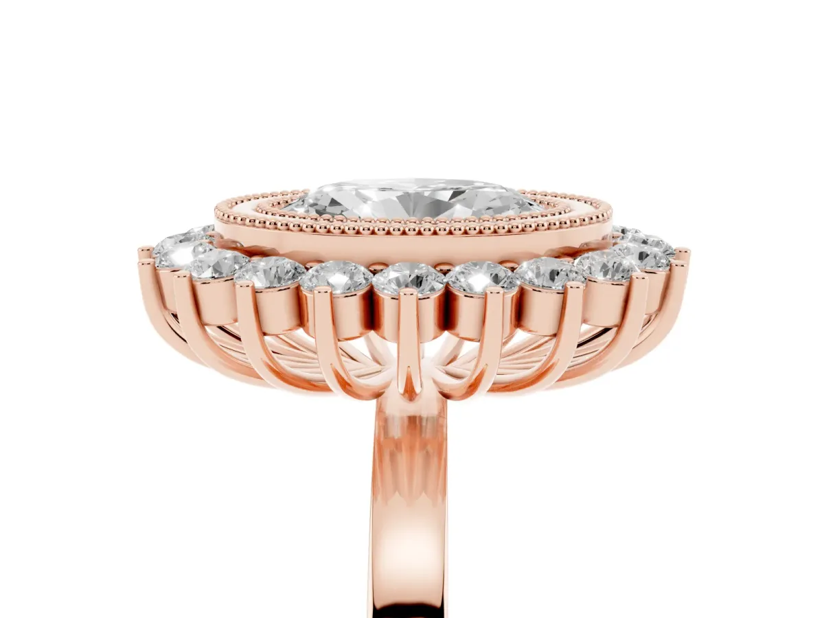 Oval Cut Halo Diamond Ring with Milgrain Edge and Round Prong Setting Rose gold