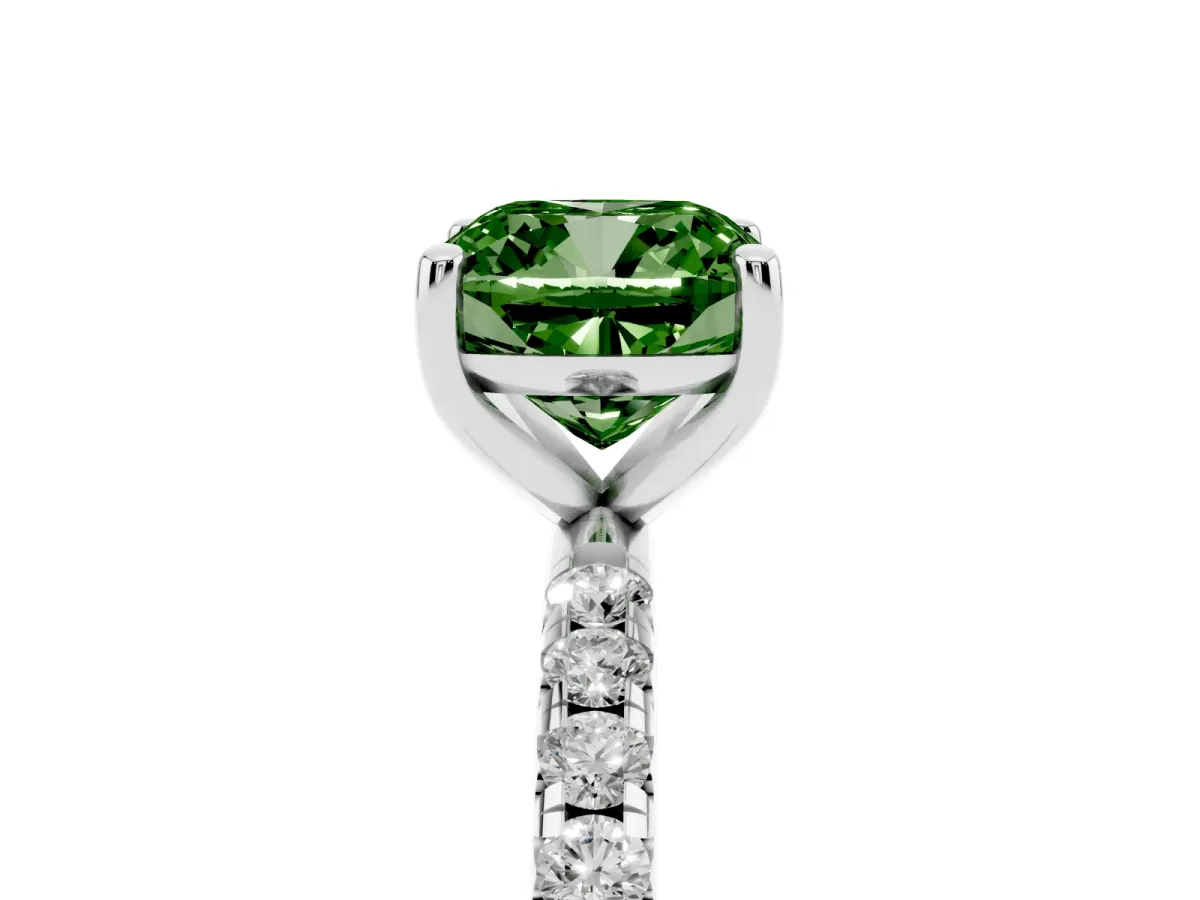 Fancy Green Cushion Cut Cut Diamond Solitaire Ring with Micro Pave Band and Four Prong Setting Silver