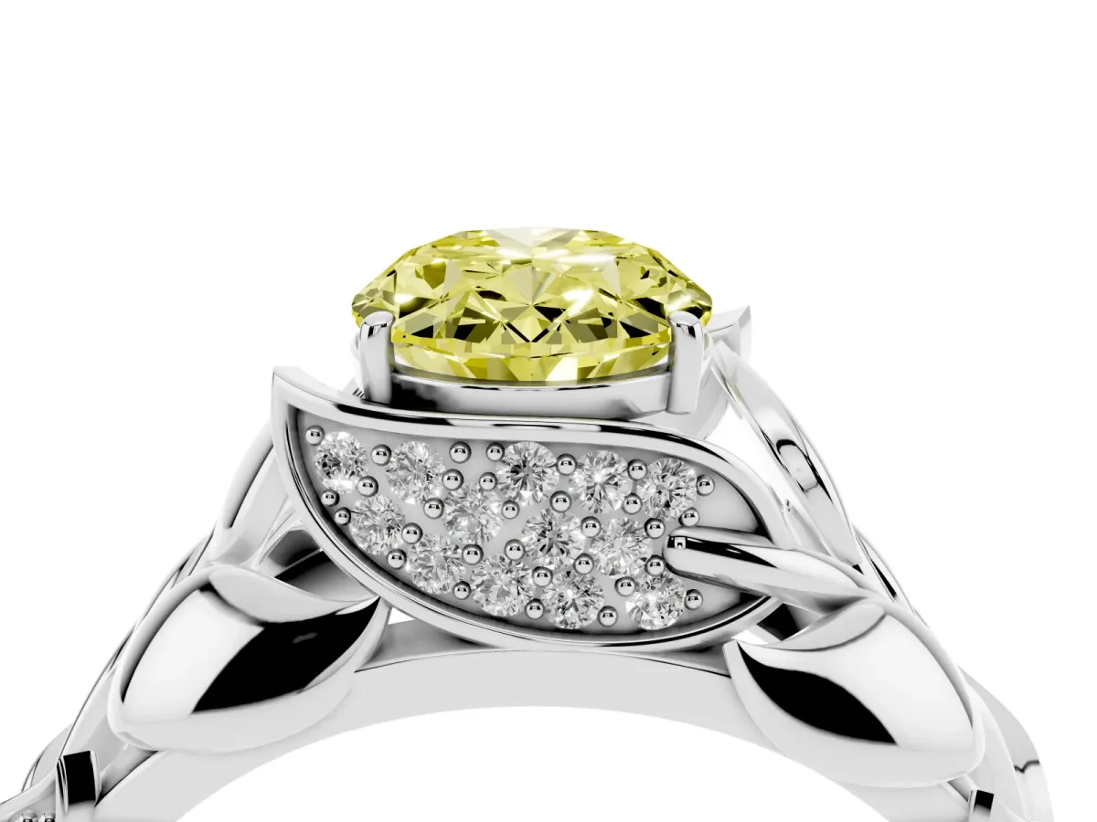 Fancy Yellow Oval Cut Diamond Leaf-Inspired Engagement Ring with Round Accents and Prong Setting White gold