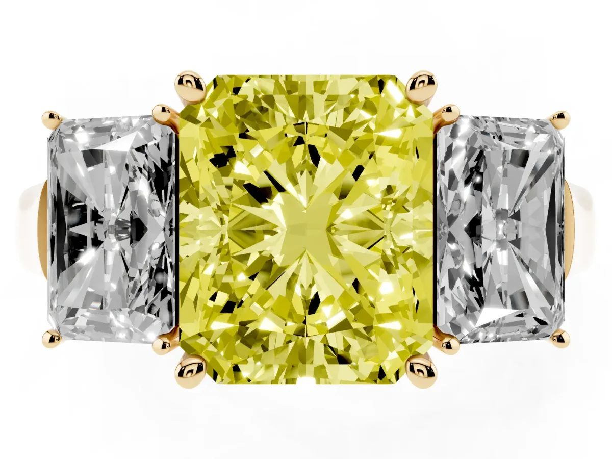 Fancy Yellow Three-Stone Radiant Cut Brilliant Diamond Trellis Ring with Comfort Fit Band Yellow gold