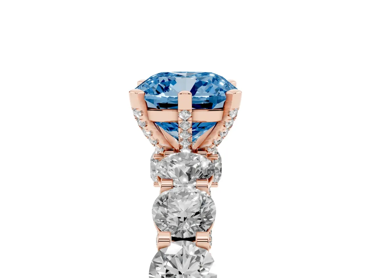 Fancy Blue Cushion Cut Diamond Side Stone Engagement Ring with Four-Prong Setting Rose gold