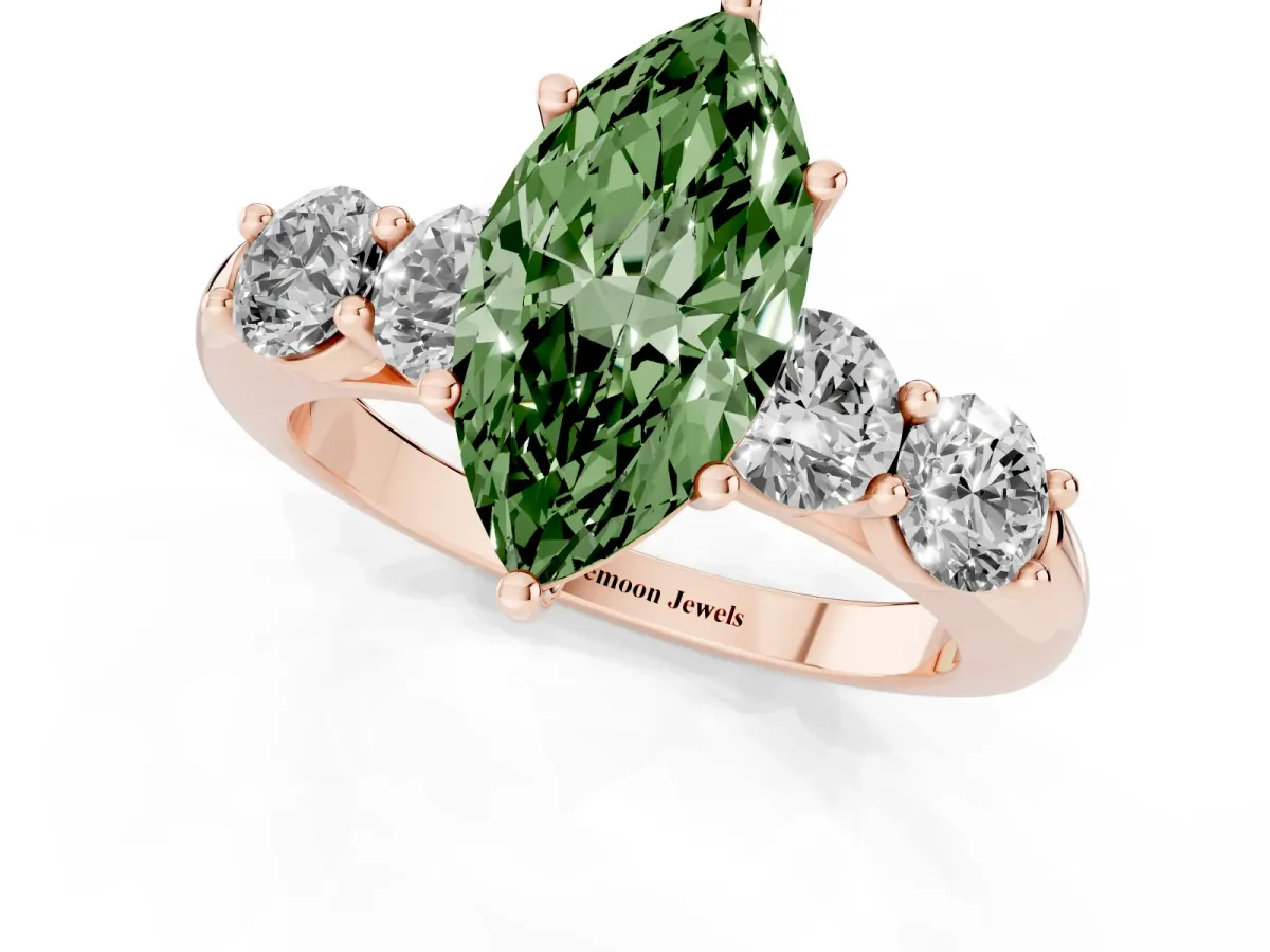 Fancy Green Marquise Cut Cut Five-Stone Prong Set Diamond Ring with Classic Band Rose gold