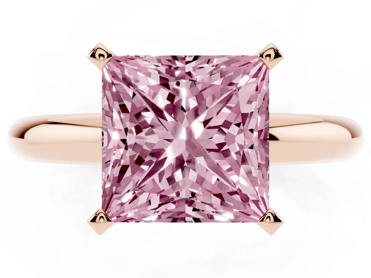 Fancy Pink Princess Cut Diamond Solitaire Engagement Ring with Round Band and Four-Prong Setting Rose gold