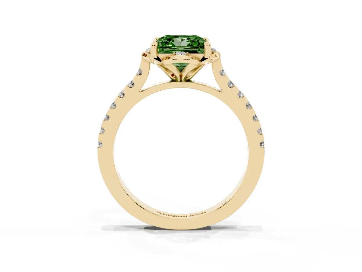Fancy Green Princess Cut Diamond Ring with Pavé Band and Floral Prong Setting Yellow gold