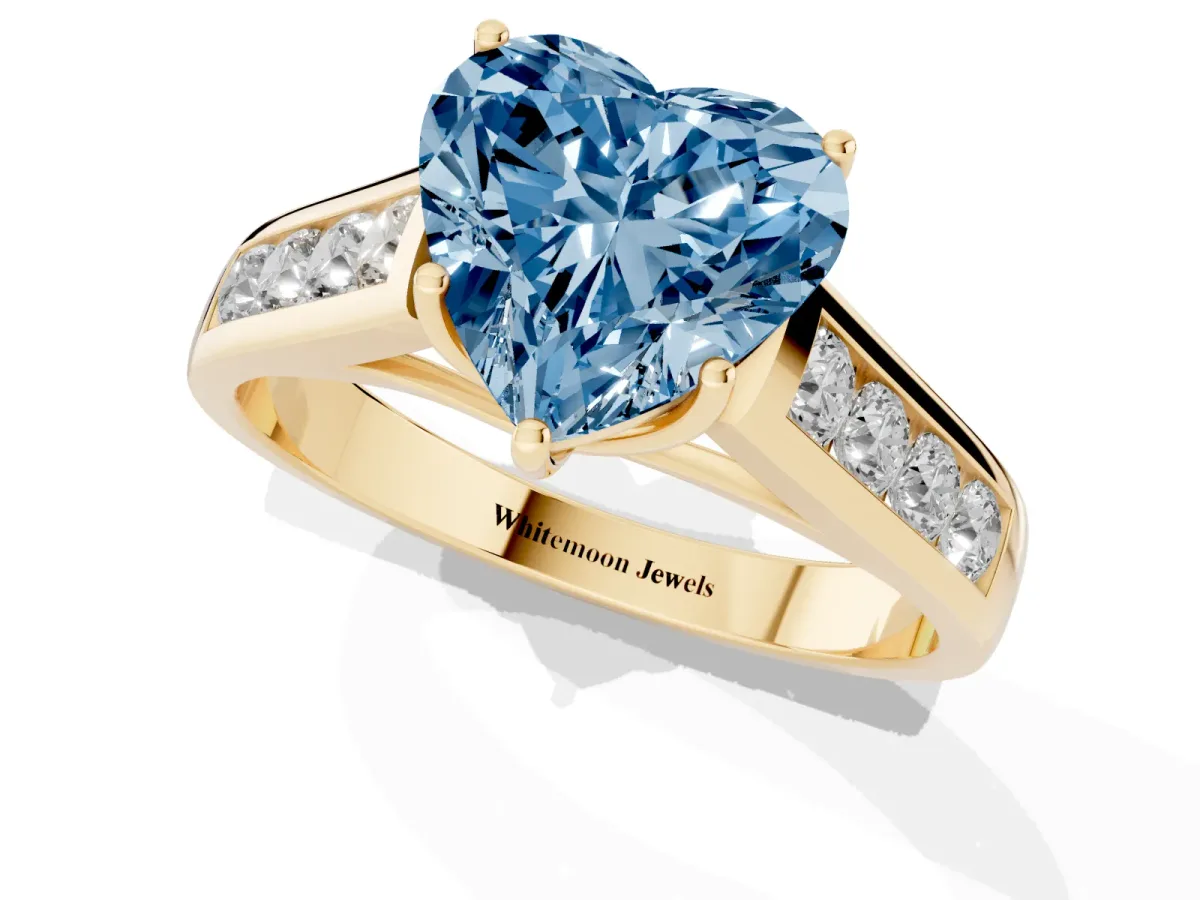 Fancy Blue Heart Cut Brilliant Channel-Set Solitaire Ring with Four-Prong Setting Yellow gold