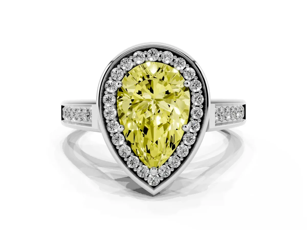Fancy Yellow Pear Cut Halo Solitaire Diamond Ring with Pave Band and Bezel Setting Platinum