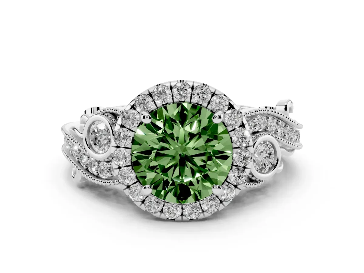 Fancy Green Round Cut Diamond Halo Ring with Milgrain Pavé Band and Four-Prong Setting White gold