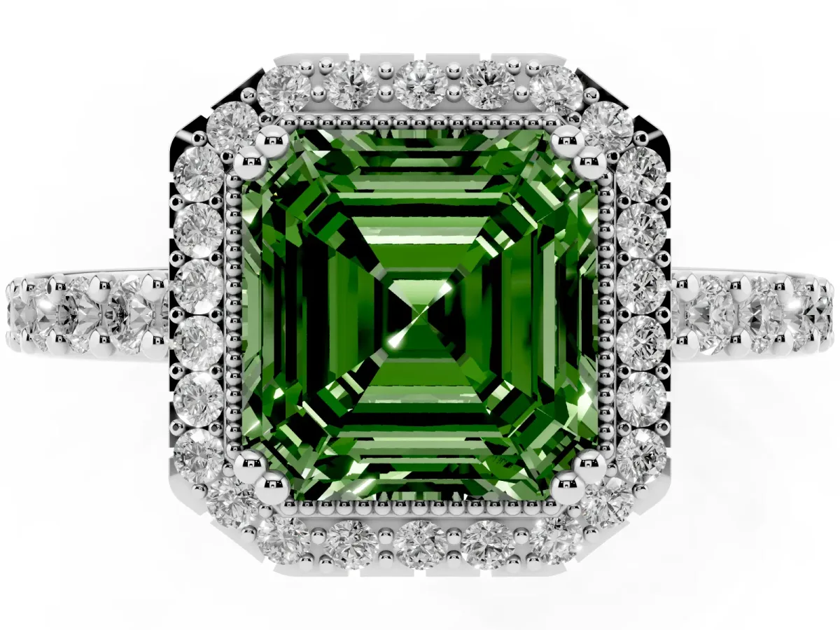 Fancy Green Asscher Cut Cut Diamond Halo Engagement Ring with Milgrain Detail and Pavé Band Platinum