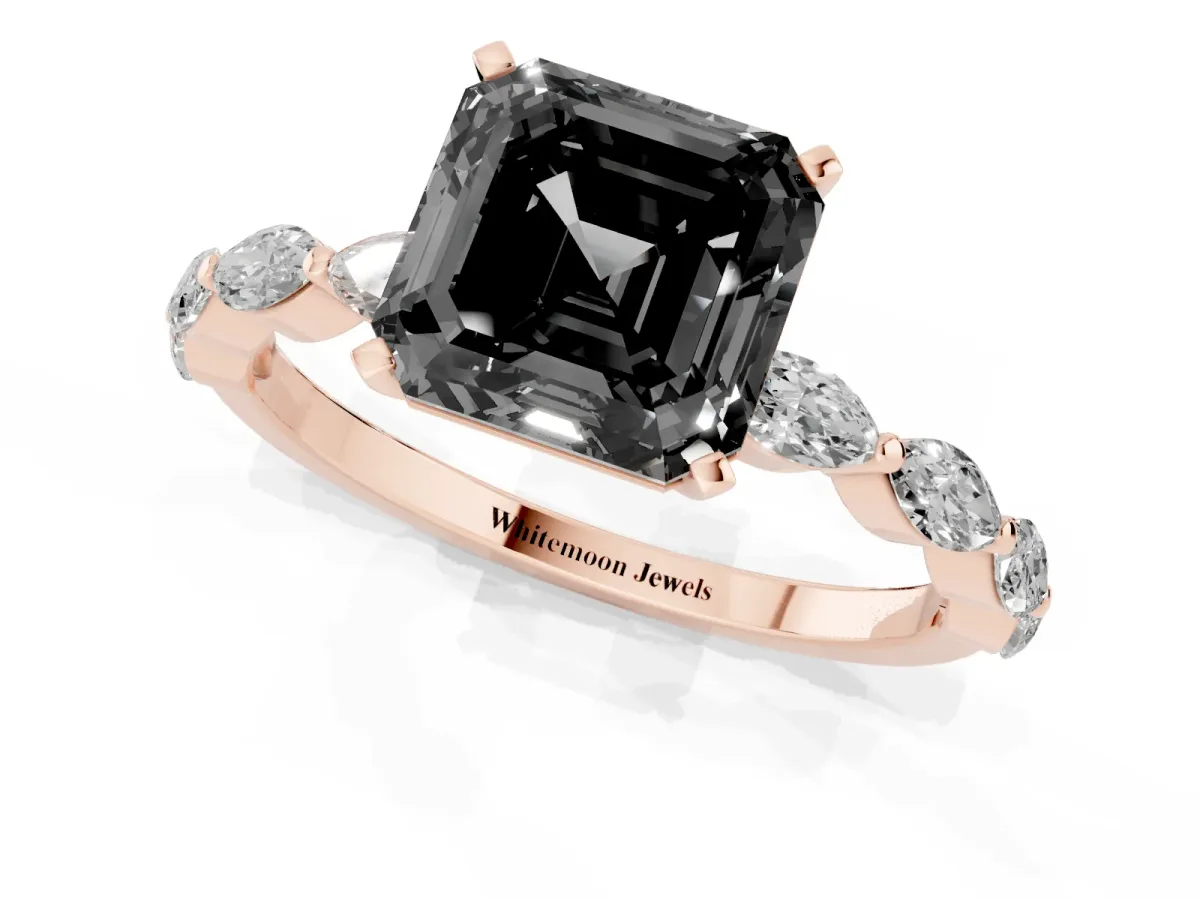 Fancy Black Asscher Cut Diamond Ring with Marquise Side Stones and Prong Setting Rose gold