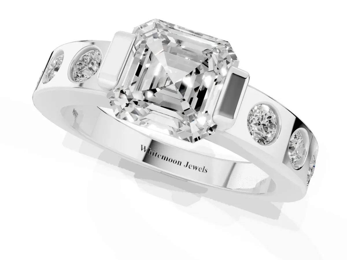 Asscher Cut Brilliant Channel-Set Diamond Ring with Bezel Prong Setting Silver