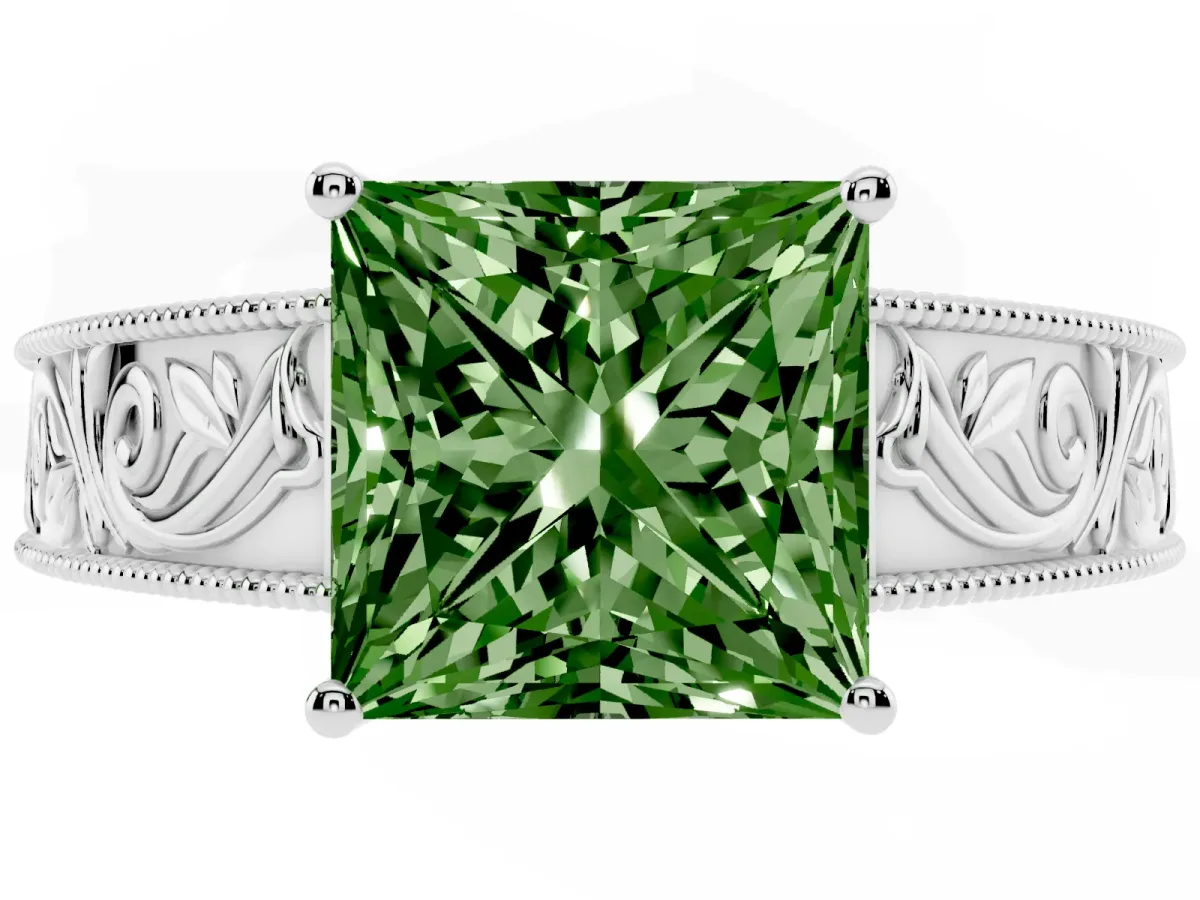 Fancy Green Princess Cut Diamond Solitaire Ring with Engraved Band and Four-Prong Setting Silver