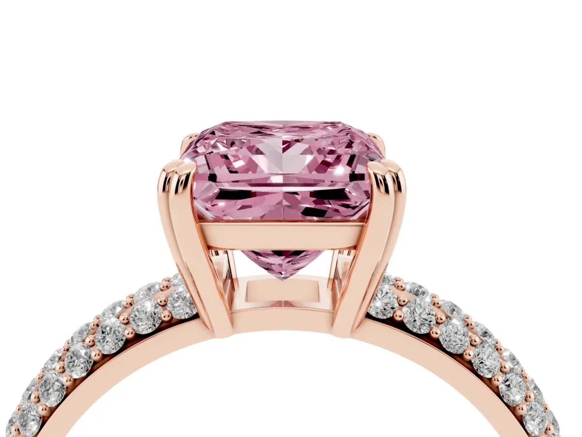 Fancy Pink Princess Cut Diamond Solitaire Ring with Multi-Row Round Pavé Band and Prong Setting Rose gold
